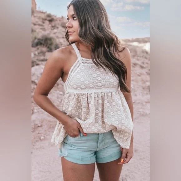 POL TAN EMBROIDERED LACE TRIMMED BABYDOLL TOP! - Picture 2 of 6